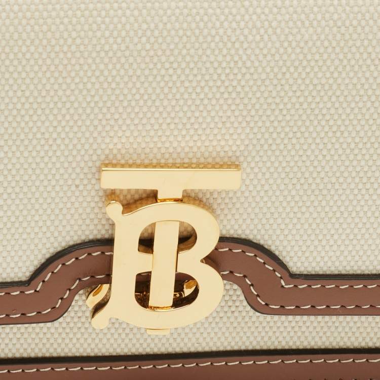 Pre Owned Burberry TB Brown/Beige Canvas and Leather Shoulder Bag