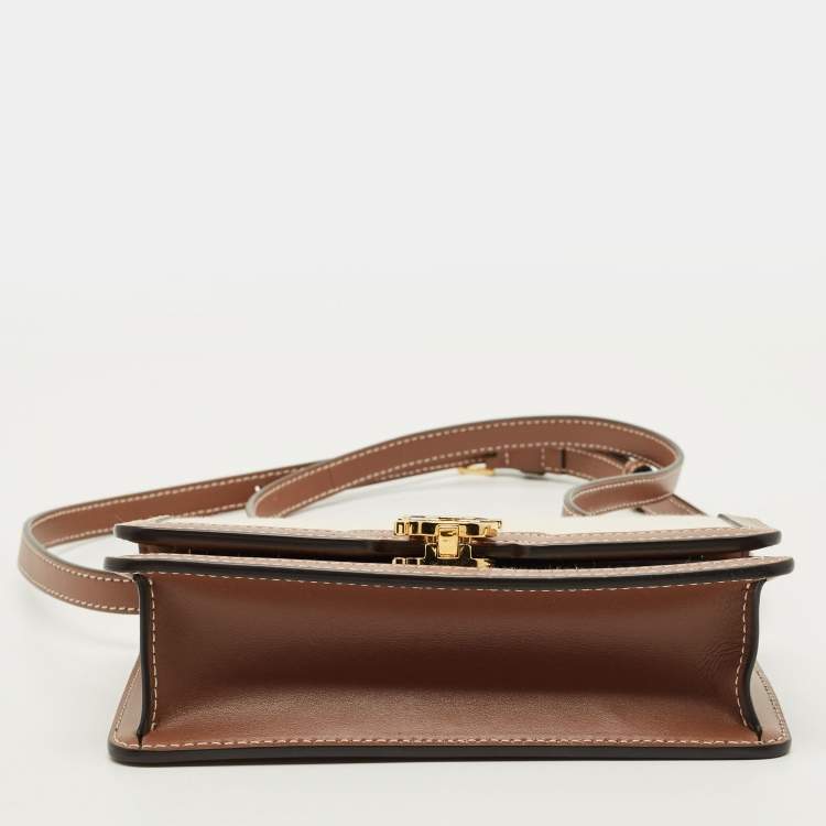 Pre Owned Burberry TB Brown/Beige Canvas and Leather Shoulder Bag