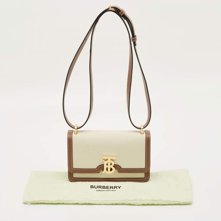 Pre Owned Burberry TB Brown/Beige Canvas and Leather Shoulder Bag