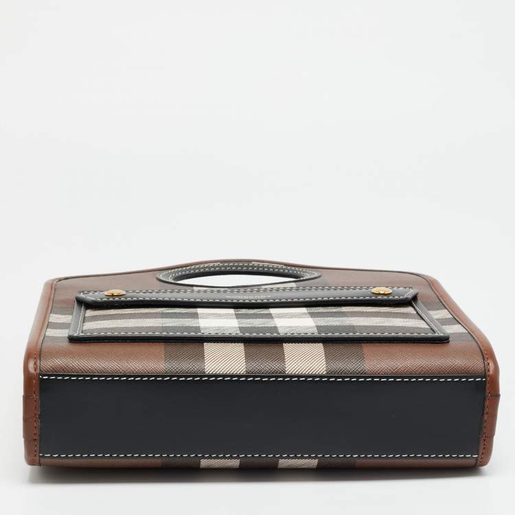 Pre Owned Burberry Pocket Mini Black/Brown Knitted Check Coated Canvas and Leather Bag
