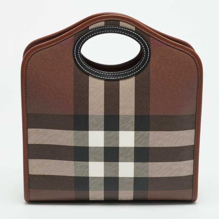 Pre Owned Burberry Pocket Mini Black/Brown Knitted Check Coated Canvas and Leather Bag