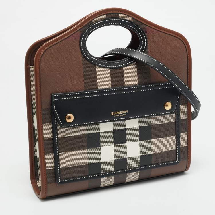 Pre Owned Burberry Pocket Mini Black/Brown Knitted Check Coated Canvas and Leather Bag