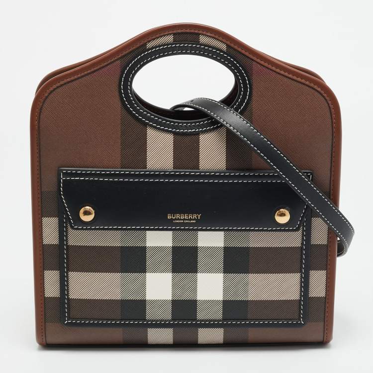 Pre Owned Burberry Pocket Mini Black/Brown Knitted Check Coated Canvas and Leather Bag