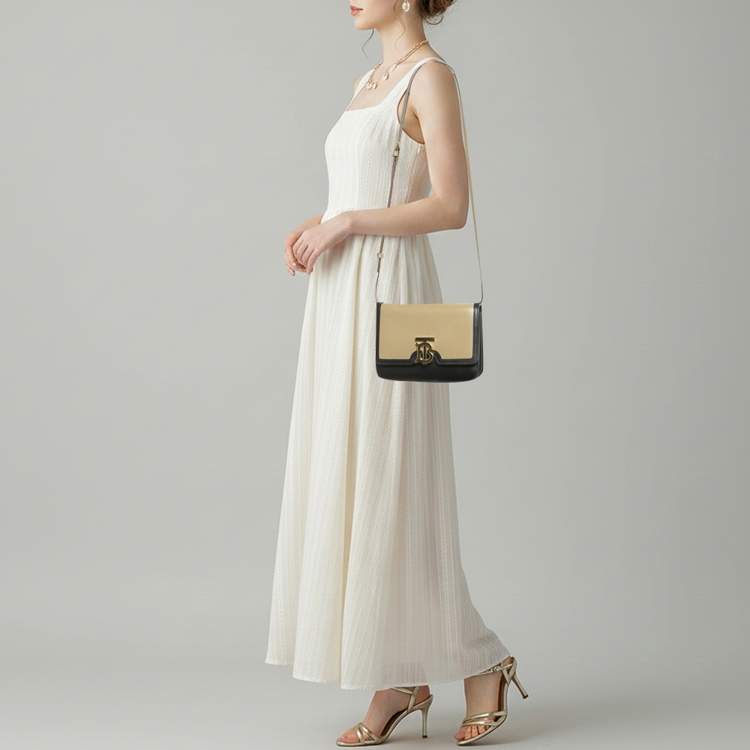 Pre Owned Burberry TB Small Beige/Black Leather Shoulder Bag