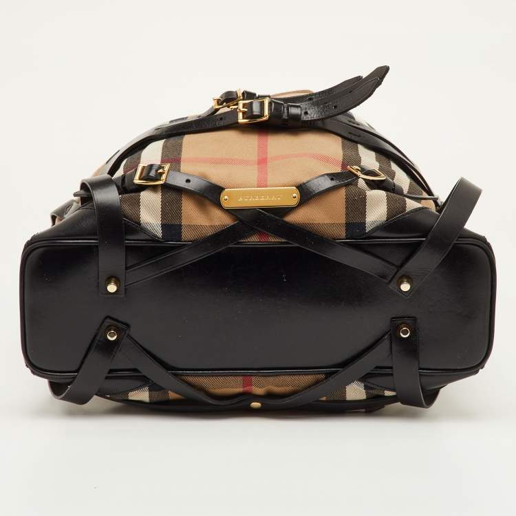Pre Owned Burberry Bridle Gosford Beige/Black House Check Canvas and Leather Hobo