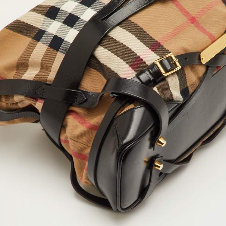 Pre Owned Burberry Bridle Gosford Beige/Black House Check Canvas and Leather Hobo