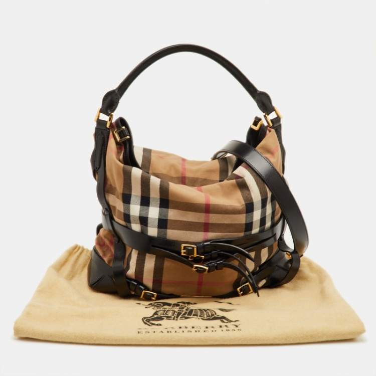 Pre Owned Burberry Bridle Gosford Beige/Black House Check Canvas and Leather Hobo