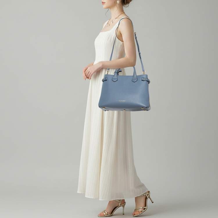 Pre Owned Burberry Banner Medium Blue/Beige Leather and House Check Canvas Tote