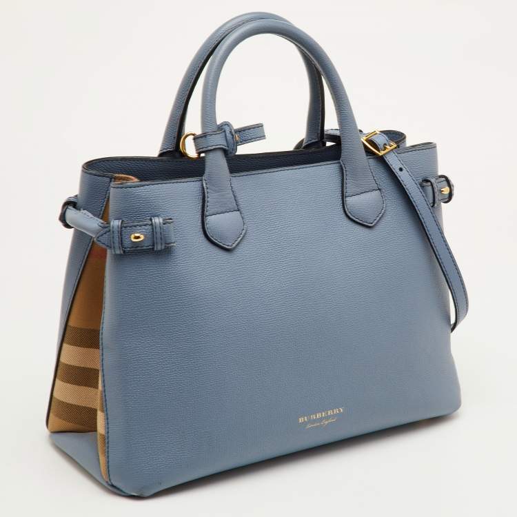 Pre Owned Burberry Banner Medium Blue/Beige Leather and House Check Canvas Tote