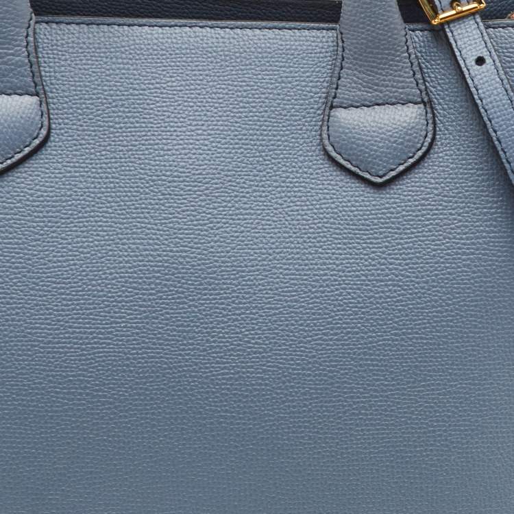 Pre Owned Burberry Banner Medium Blue/Beige Leather and House Check Canvas Tote