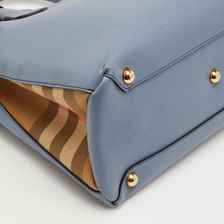 Pre Owned Burberry Banner Medium Blue/Beige Leather and House Check Canvas Tote