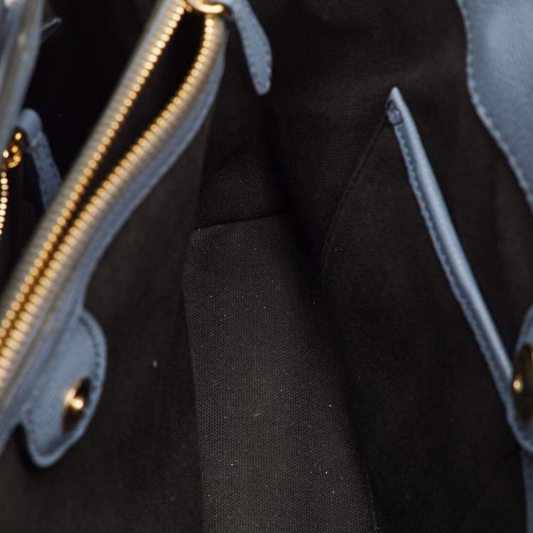 Pre Owned Burberry Banner Medium Blue/Beige Leather and House Check Canvas Tote