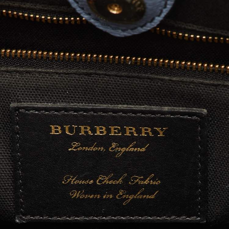 Pre Owned Burberry Banner Medium Blue/Beige Leather and House Check Canvas Tote
