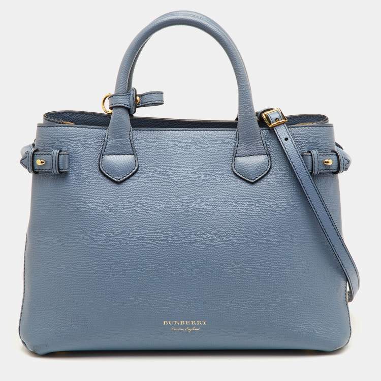 Pre Owned Burberry Banner Medium Blue/Beige Leather and House Check Canvas Tote