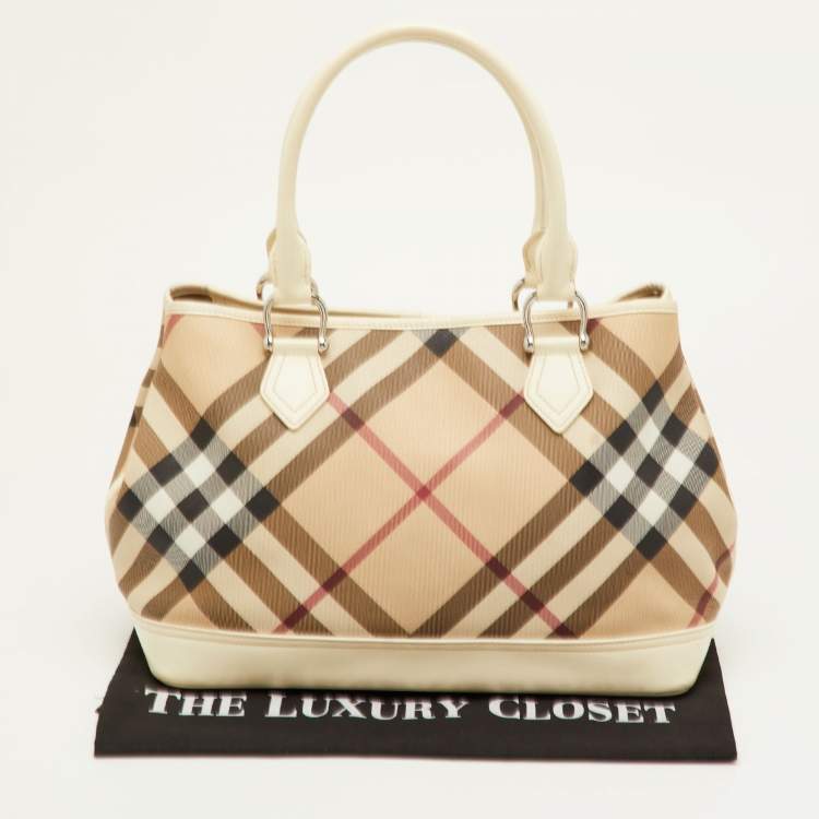 Pre Owned Burberry Eden Beige/White Nova Check PVC and Patent Leather Tote