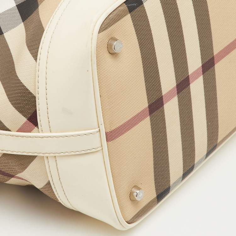 Pre Owned Burberry Eden Beige/White Nova Check PVC and Patent Leather Tote