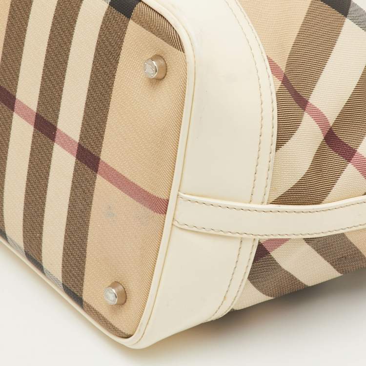 Pre Owned Burberry Eden Beige/White Nova Check PVC and Patent Leather Tote