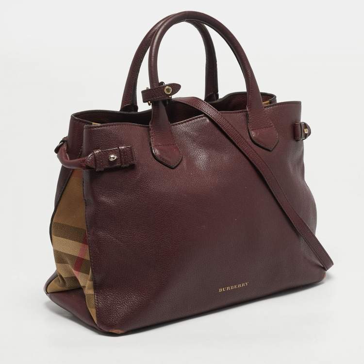 Pre Owned Burberry Banner Medium Burgundy/Beige Leather and House Check Canvas Tote
