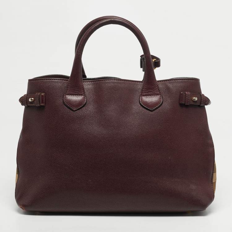 Pre Owned Burberry Banner Medium Burgundy/Beige Leather and House Check Canvas Tote
