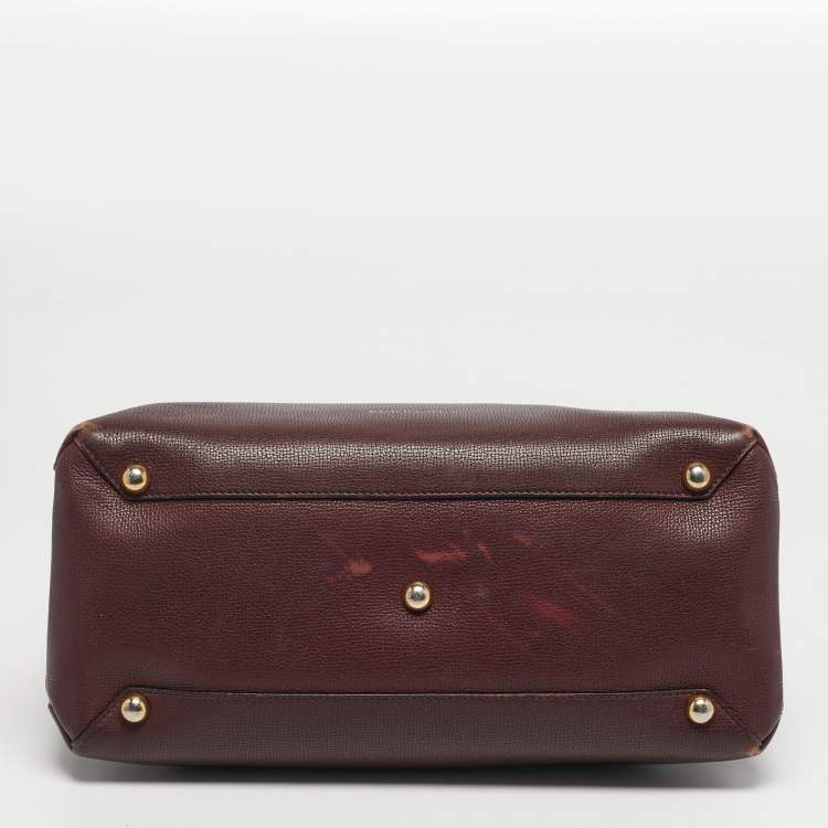 Pre Owned Burberry Banner Medium Burgundy/Beige Leather and House Check Canvas Tote