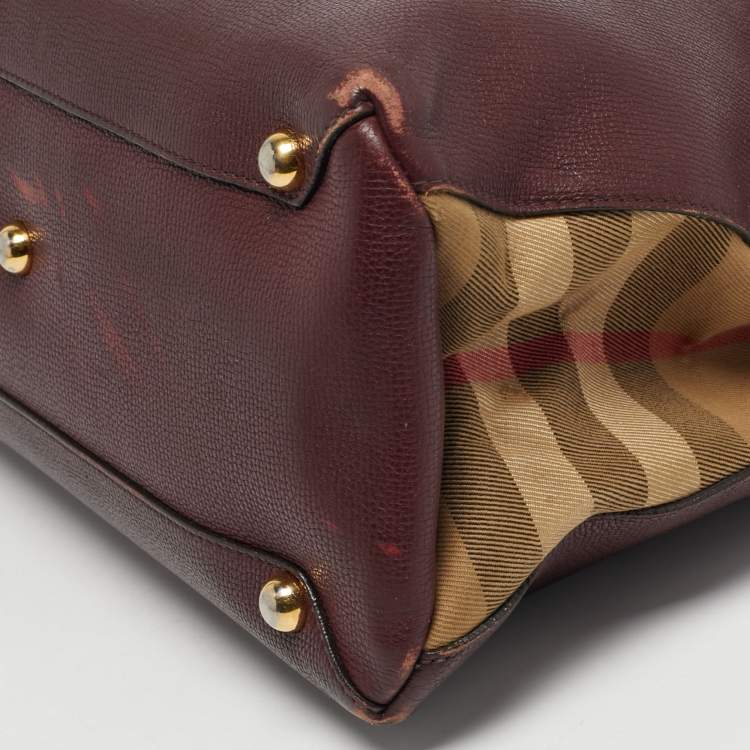 Pre Owned Burberry Banner Medium Burgundy/Beige Leather and House Check Canvas Tote