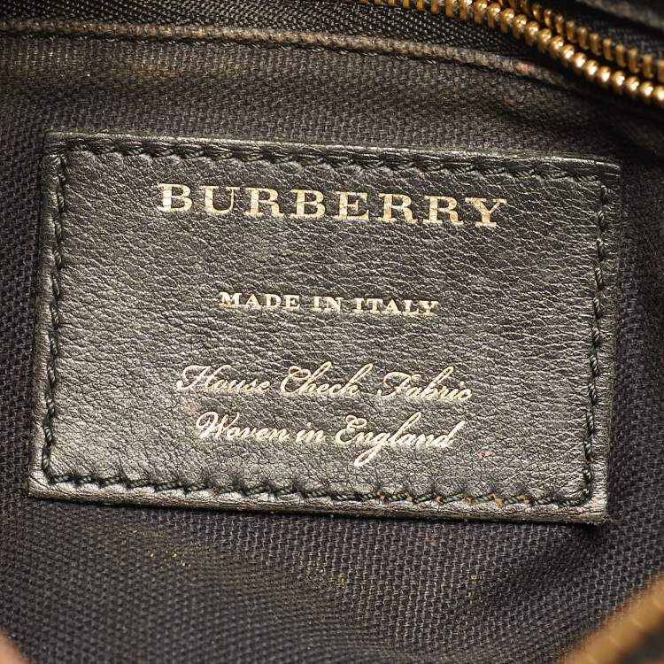 Pre Owned Burberry Banner Medium Burgundy/Beige Leather and House Check Canvas Tote