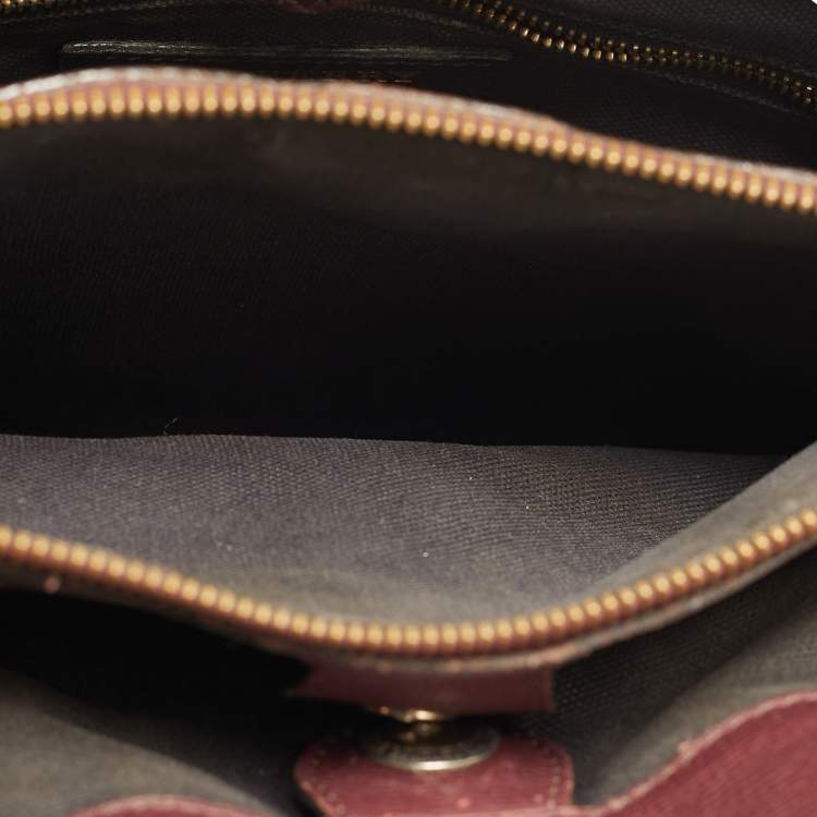 Pre Owned Burberry Banner Medium Burgundy/Beige Leather and House Check Canvas Tote