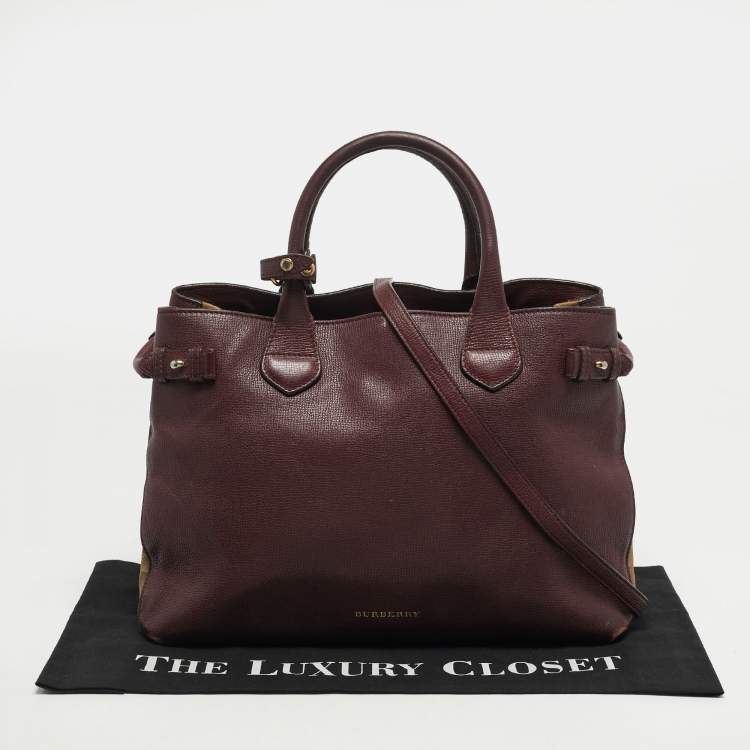 Pre Owned Burberry Banner Medium Burgundy/Beige Leather and House Check Canvas Tote