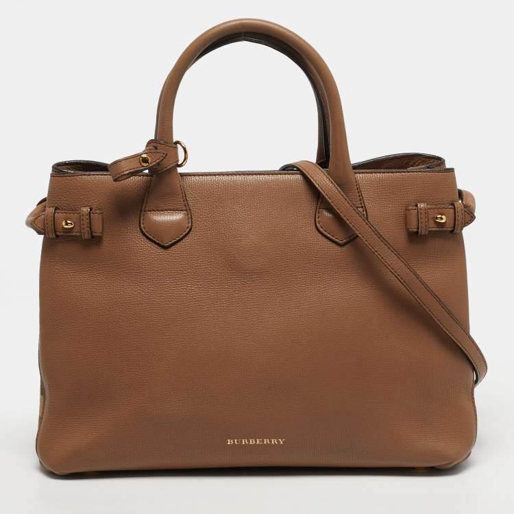 Pre Owned Burberry Banner Medium Beige House Check Canvas and Leather Tote