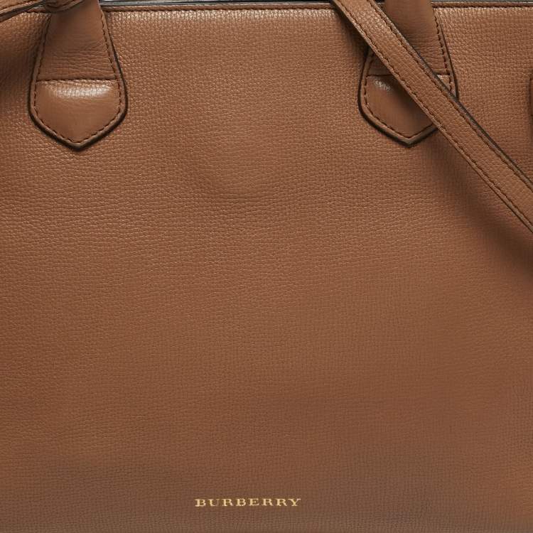 Pre Owned Burberry Banner Medium Beige House Check Canvas and Leather Tote