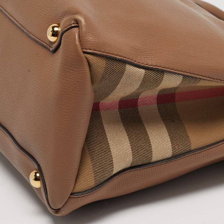 Pre Owned Burberry Banner Medium Beige House Check Canvas and Leather Tote