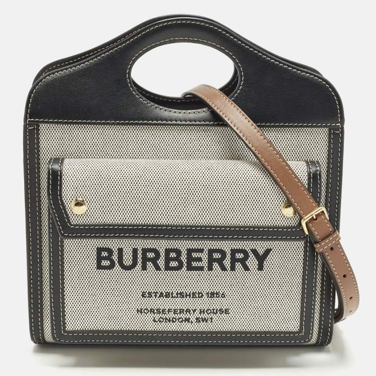 Pre Owned Burberry Pocket Mini Black/Grey Leather and Canvas Tote