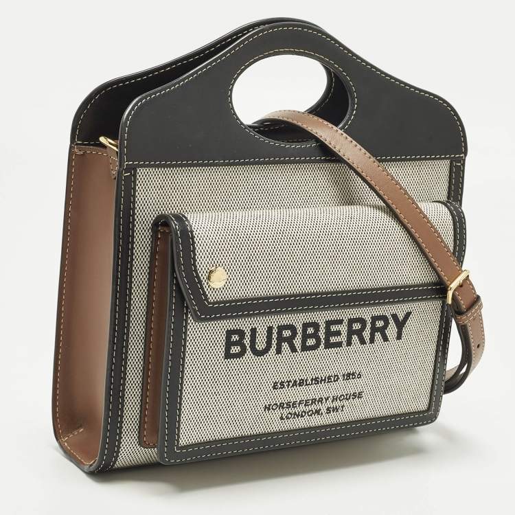 Pre Owned Burberry Pocket Mini Black/Grey Leather and Canvas Tote