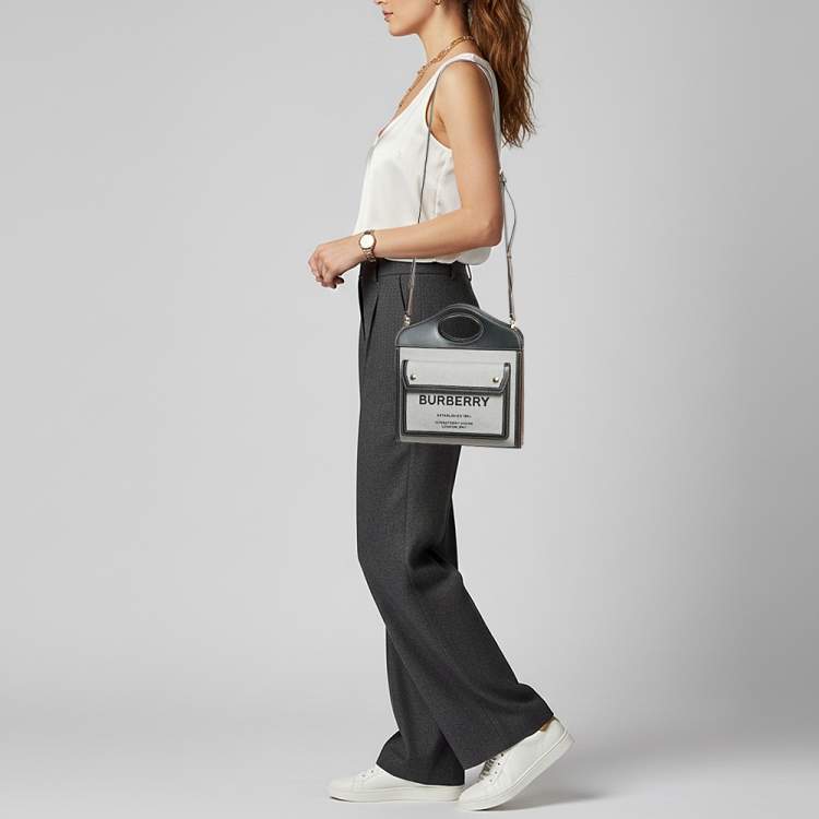 Pre Owned Burberry Pocket Mini Black/Grey Leather and Canvas Tote
