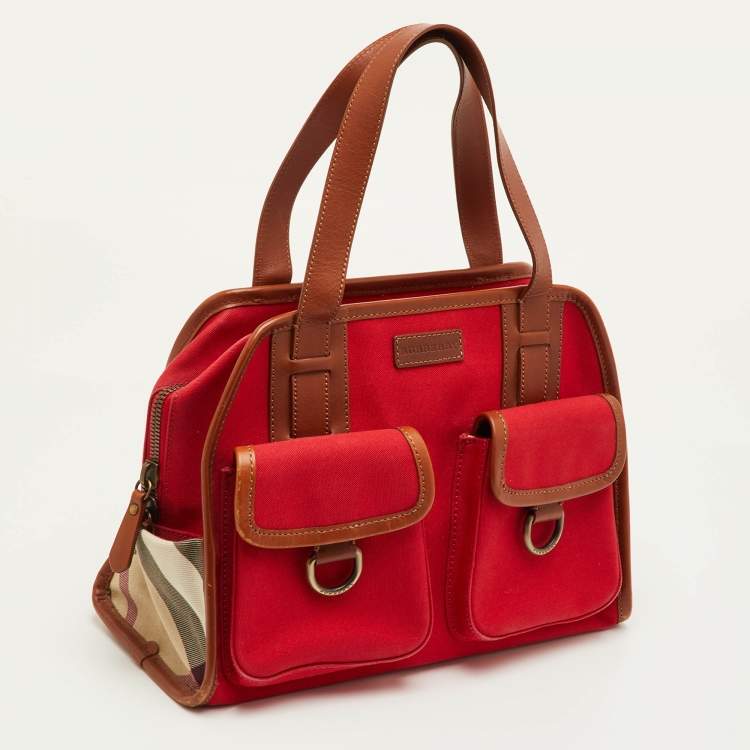 Pre Owned Burberry Red/Beige Nova Check Canvas and Leather Satchel