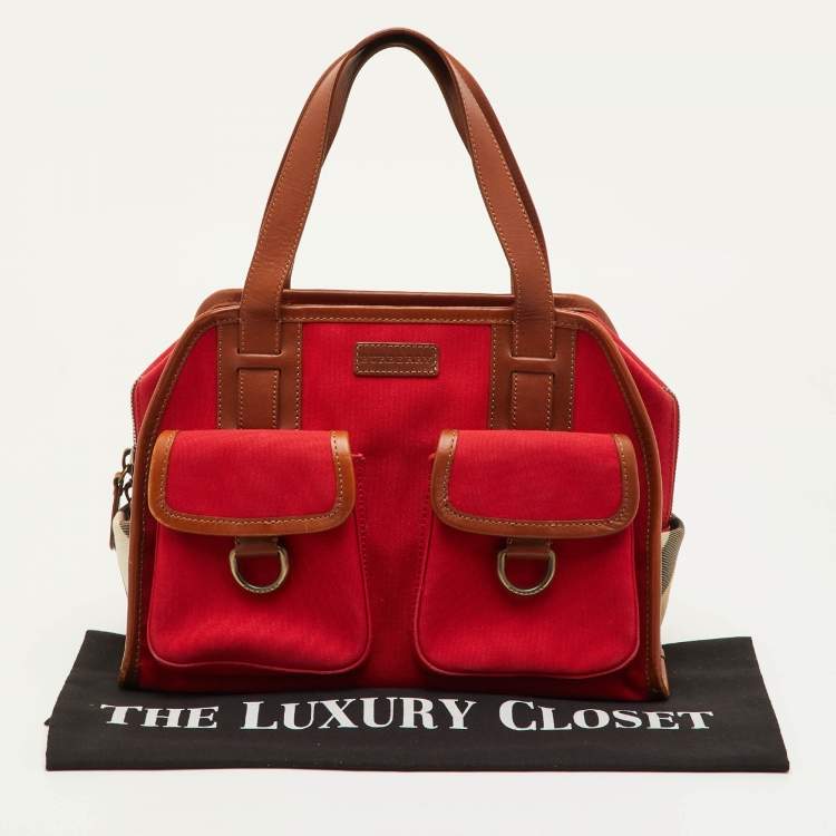 Pre Owned Burberry Red/Beige Nova Check Canvas and Leather Satchel