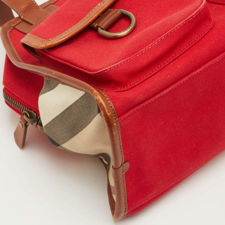 Pre Owned Burberry Red/Beige Nova Check Canvas and Leather Satchel