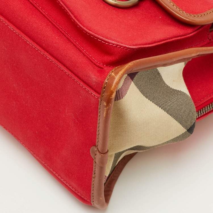 Pre Owned Burberry Red/Beige Nova Check Canvas and Leather Satchel