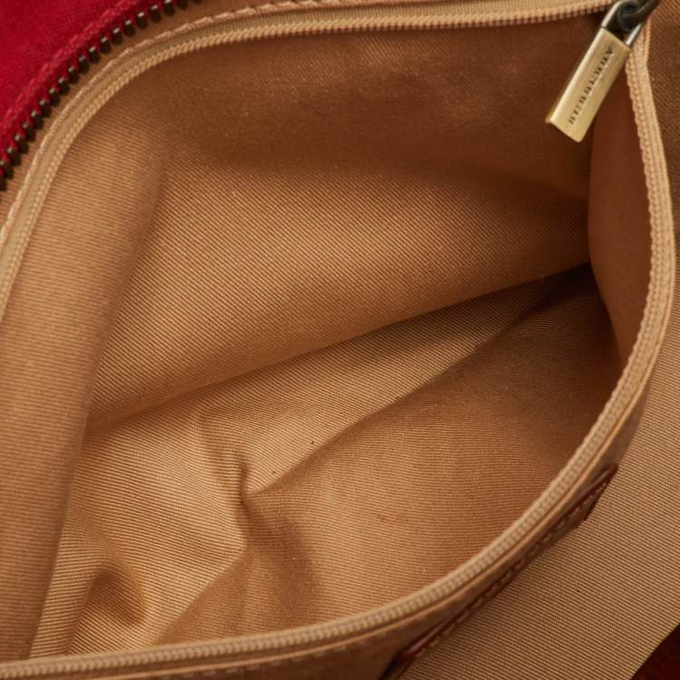 Pre Owned Burberry Red/Beige Nova Check Canvas and Leather Satchel