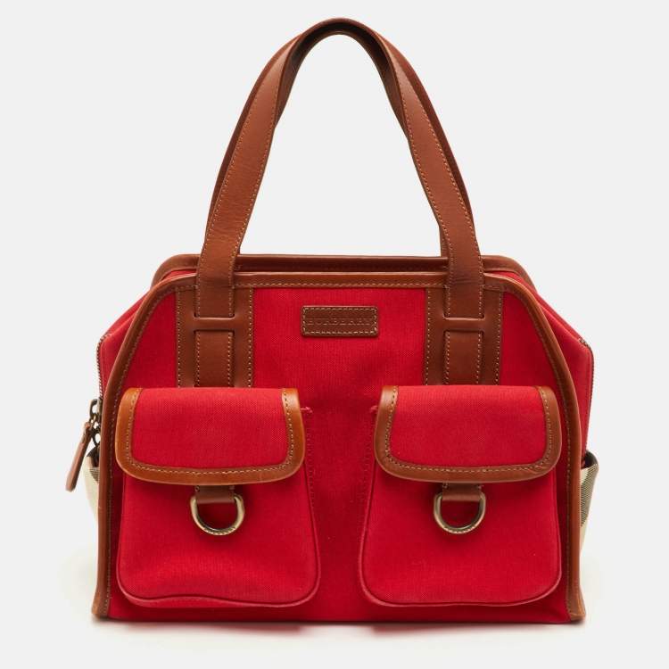 Pre Owned Burberry Red/Beige Nova Check Canvas and Leather Satchel