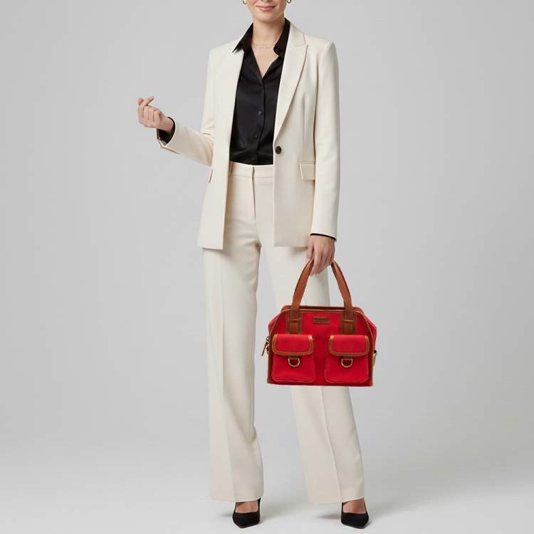 Pre Owned Burberry Red/Beige Nova Check Canvas and Leather Satchel