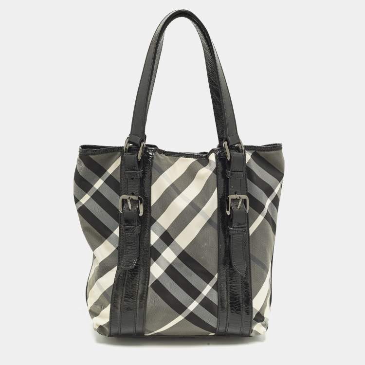 Pre Owned Burberry Black/Grey Beat Check Nylon and Patent Leather Tote