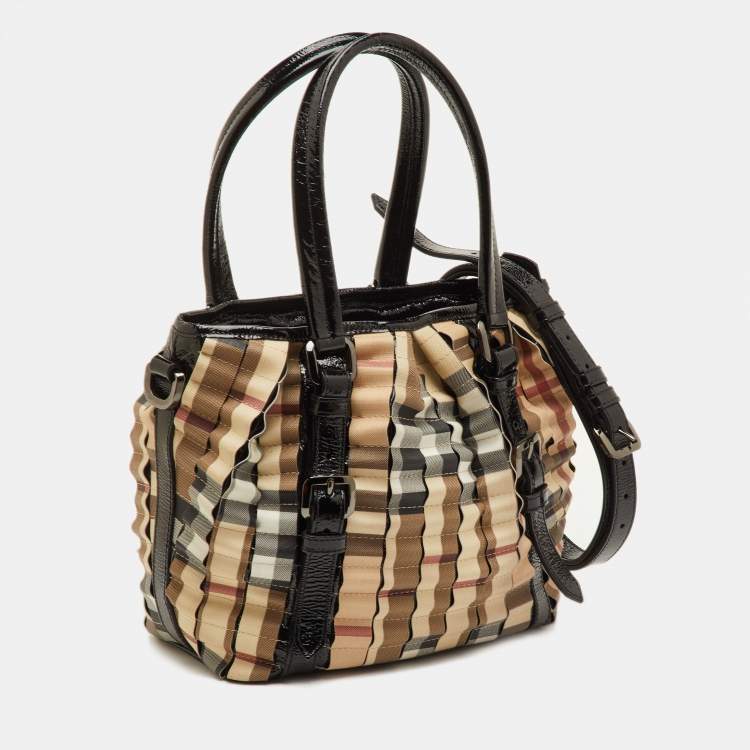 Pre Owned Burberry Lowry Beige/Black Nova Check Patent Leather and Cartridge Pleat PVC Tote