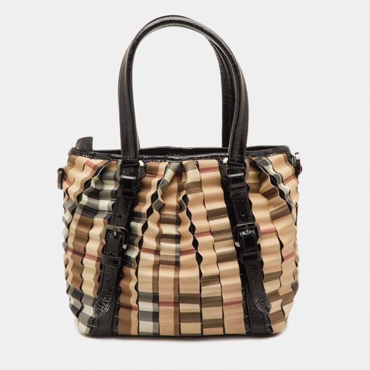 Pre Owned Burberry Lowry Beige/Black Nova Check Patent Leather and Cartridge Pleat PVC Tote