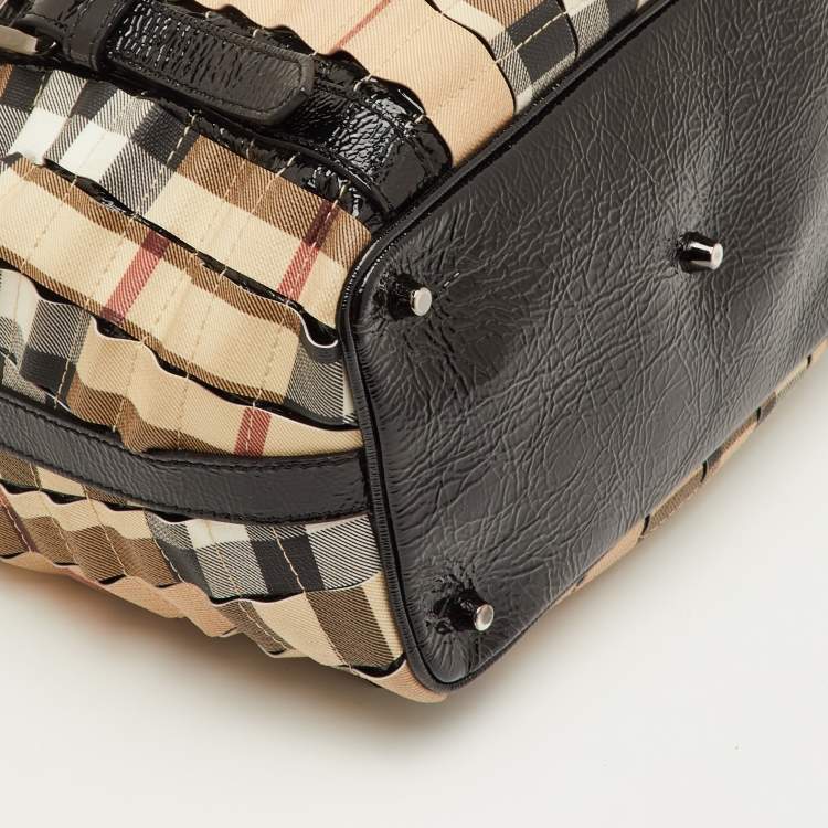 Pre Owned Burberry Lowry Beige/Black Nova Check Patent Leather and Cartridge Pleat PVC Tote