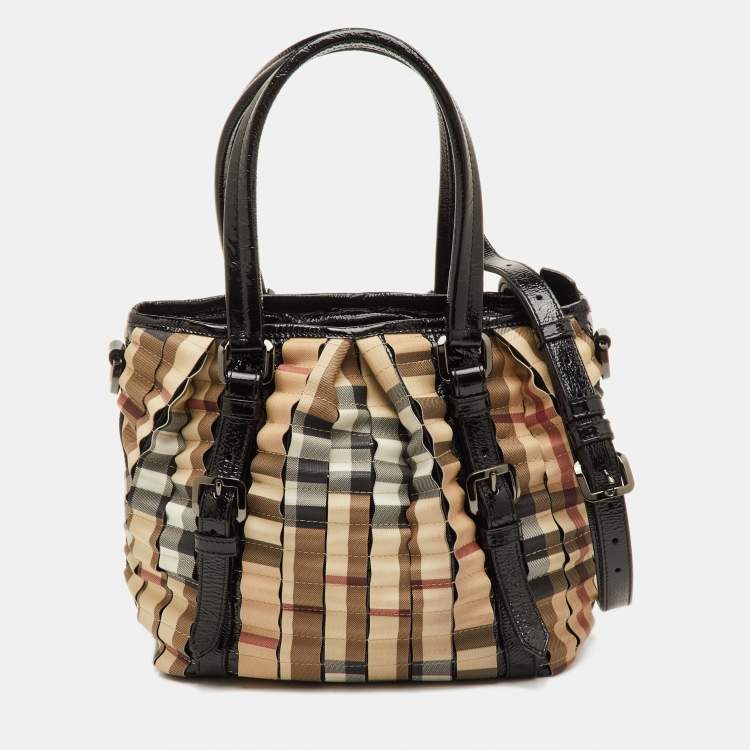 Pre Owned Burberry Lowry Beige/Black Nova Check Patent Leather and Cartridge Pleat PVC Tote