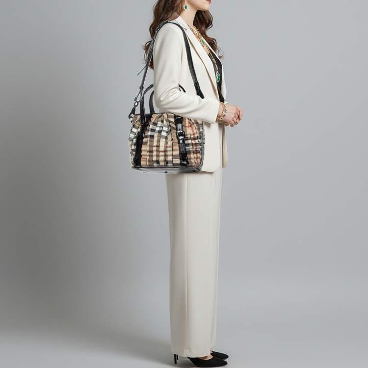 Pre Owned Burberry Lowry Beige/Black Nova Check Patent Leather and Cartridge Pleat PVC Tote