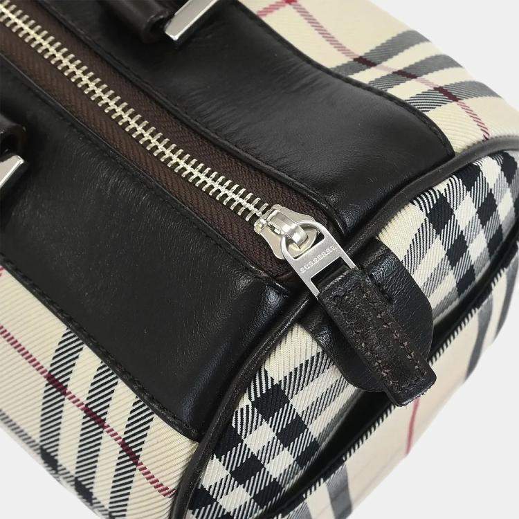 Pre Owned Burberry Check Beige Brown Canvas Shoulder Bag
