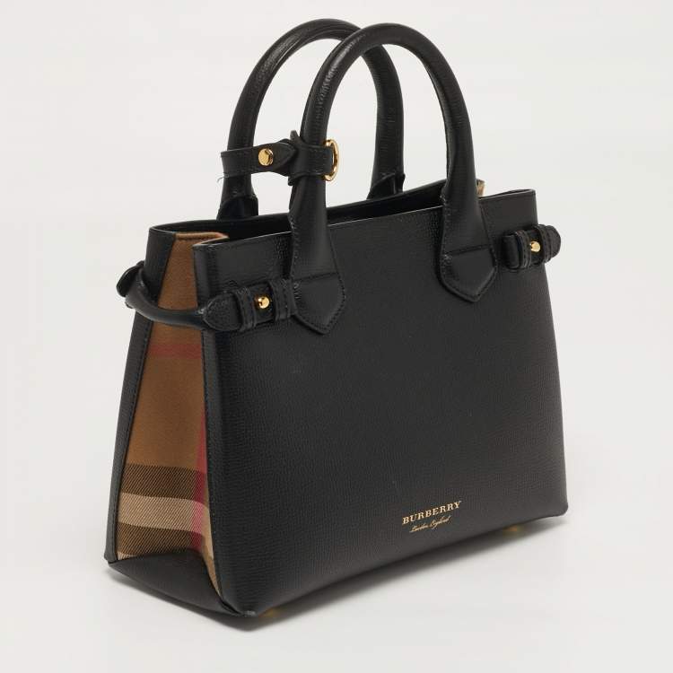 Pre Owned Burberry Banner Small Black/Beige House Check Fabric and Leather Tote