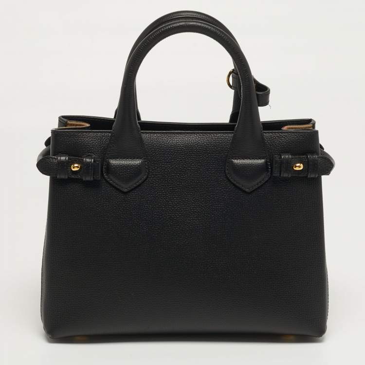 Pre Owned Burberry Banner Small Black/Beige House Check Fabric and Leather Tote